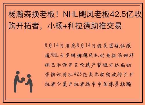 杨瀚森换老板！NHL飓风老板42.5亿收购开拓者，小杨+利拉德助推交易